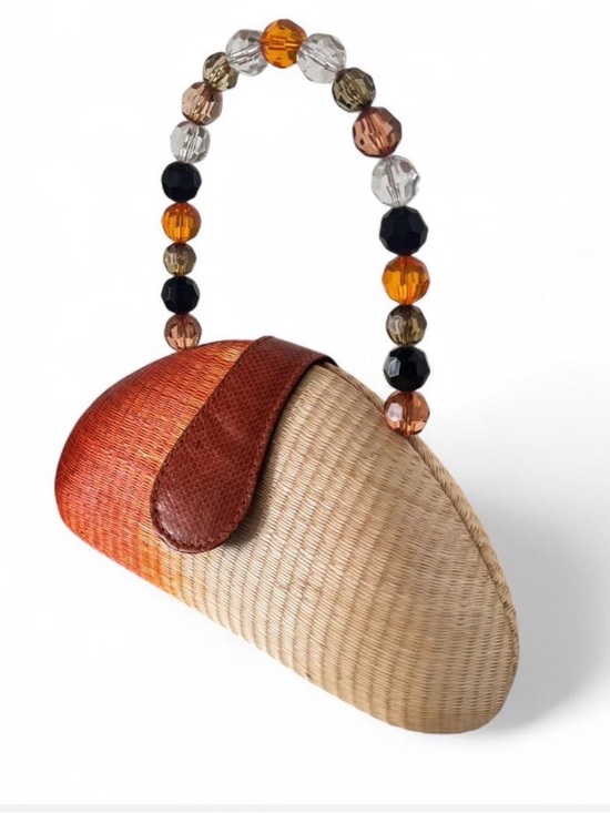 Le Sac Handbags - Straw Mini Bag with Amber Beaded Handle - Brown/Orange